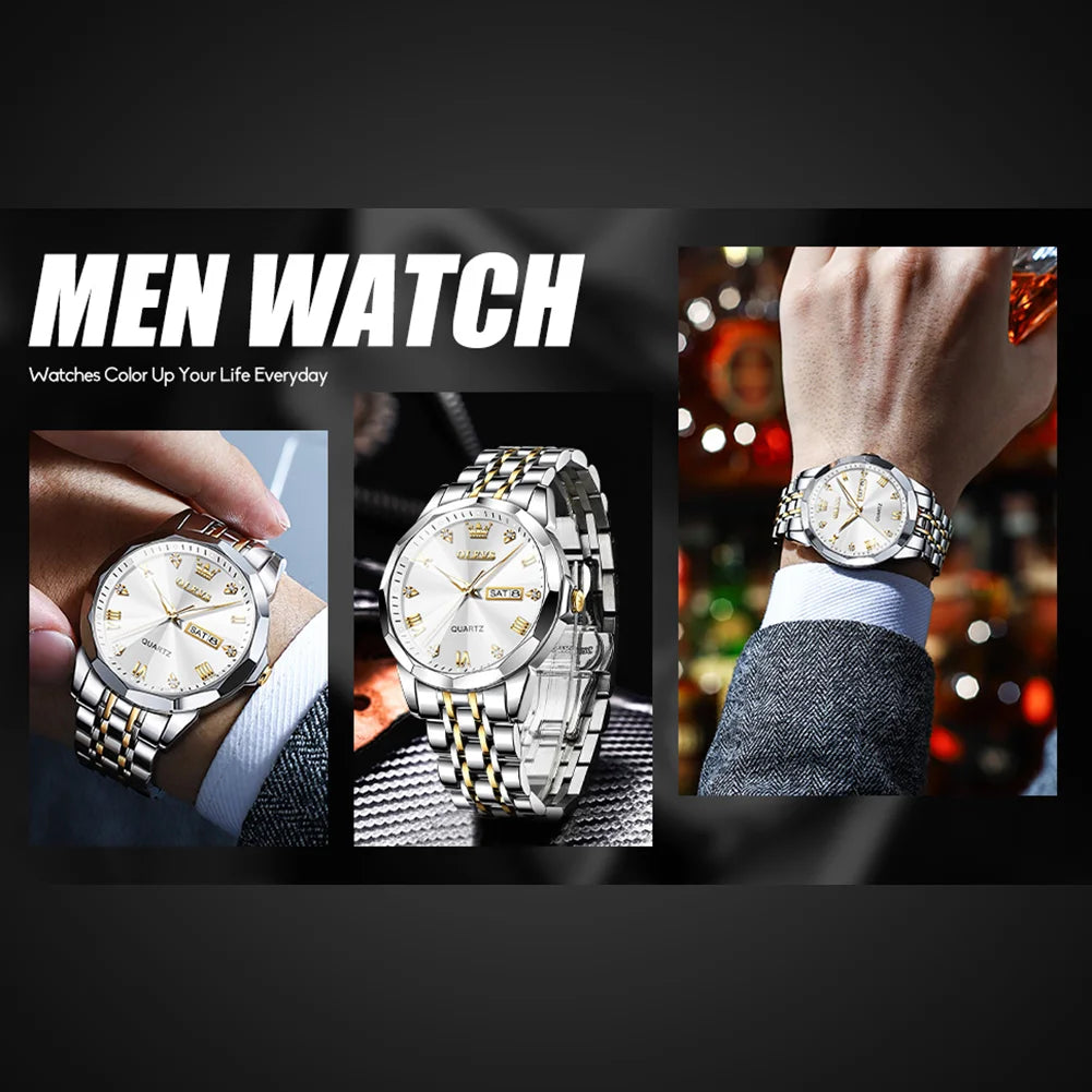 Classic Watch for Men Gold Silver Stainless Steel Strap Mens Watch White Dial Watch with Date Analog Quartz Big Mens Wrist Watches with Roman Numerals Men Waterproof Watch