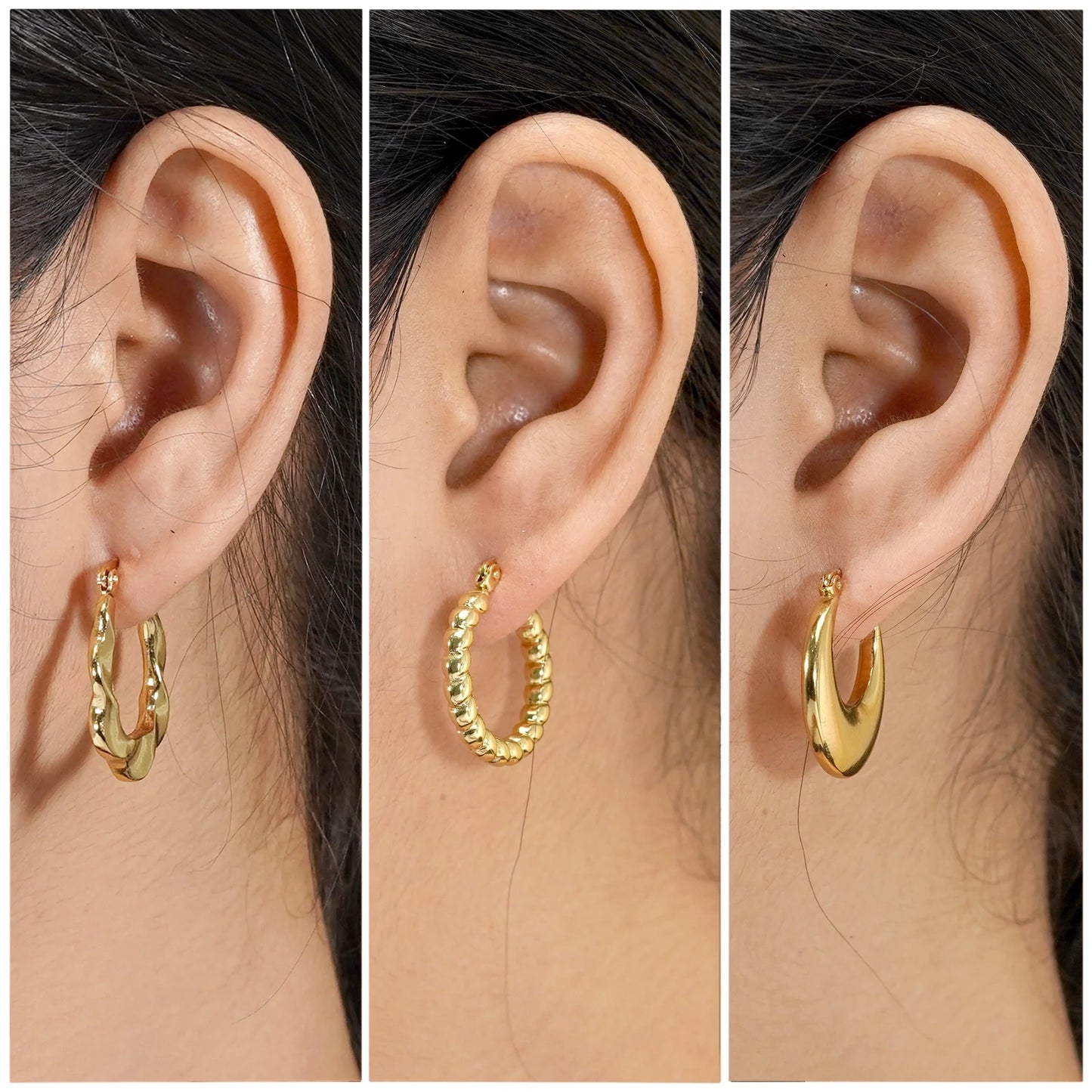 3 Pairs Multipack Everyday Women Earrings Gift Set in Yellow Gold Plating, Thick Open, Lightweight, Hoop Hypoallergenic Twisted Earrings for Women