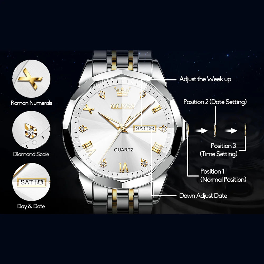 Classic Watch for Men Gold Silver Stainless Steel Strap Mens Watch White Dial Watch with Date Analog Quartz Big Mens Wrist Watches with Roman Numerals Men Waterproof Watch