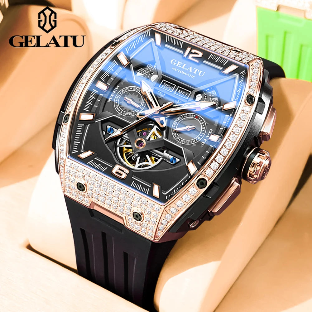 GELATU Full Diamond Men'S Watches Flywheel Design Dual Calendar Automatic Mechanical Watch for Men TOP Brand Original Wristwatch