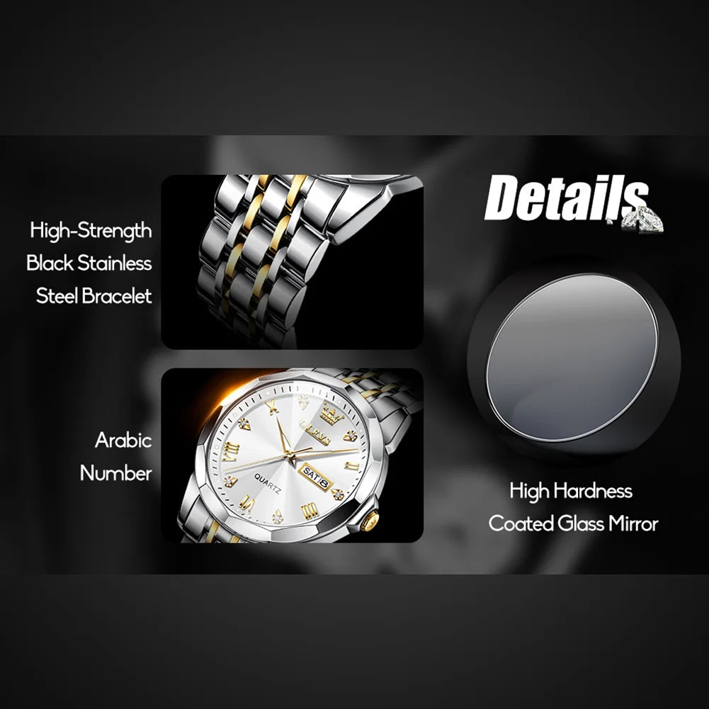 Classic Watch for Men Gold Silver Stainless Steel Strap Mens Watch White Dial Watch with Date Analog Quartz Big Mens Wrist Watches with Roman Numerals Men Waterproof Watch