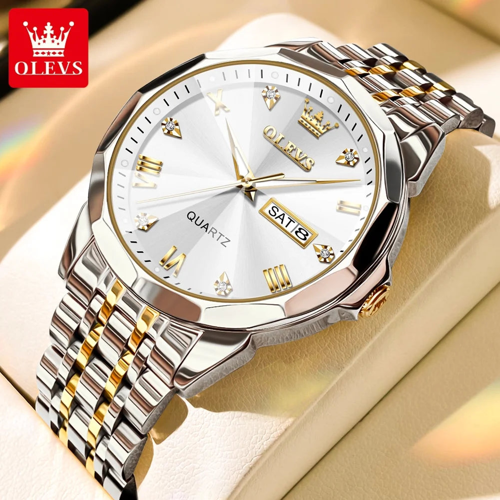 Classic Watch for Men Gold Silver Stainless Steel Strap Mens Watch White Dial Watch with Date Analog Quartz Big Mens Wrist Watches with Roman Numerals Men Waterproof Watch