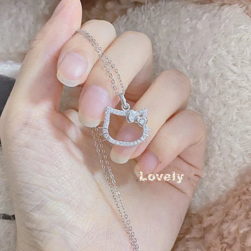 Lovely Hello Kitty Sanrio Anime Kids Chain Necklace Cute Cartoon Hollowed Kitty Crystal Ring for Women Girls Birthday Gift