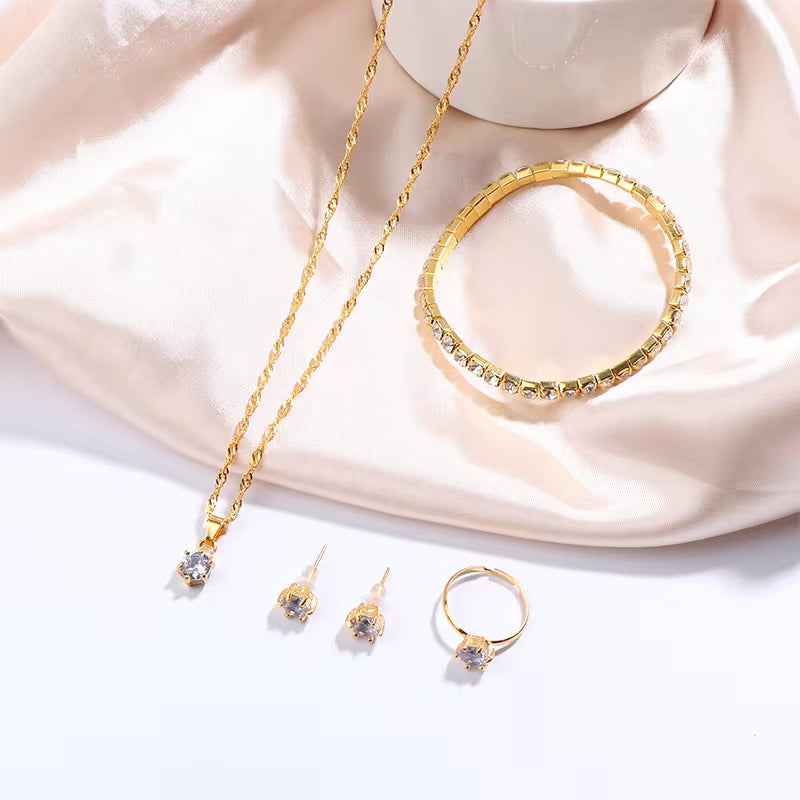 Luxury Women Ring Necklace Earrings Rhinestone Bracelet Female Casual Ladies Jewelry Set