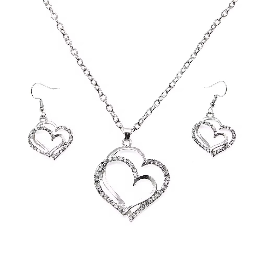 3 Pcs Set Heart Shaped Jewelry Set of Earrings Pendant Necklace for Women Exquisite Fashion Rhinestone Double Heart Jewelry Set